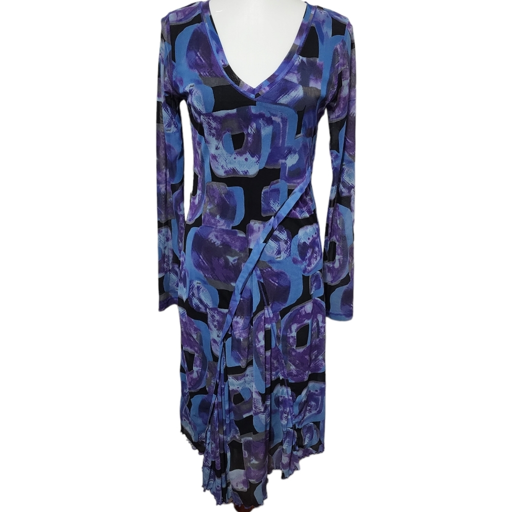 Sao Paolo blue geo mesh ruffle vneck long sleeve midi dress size 6